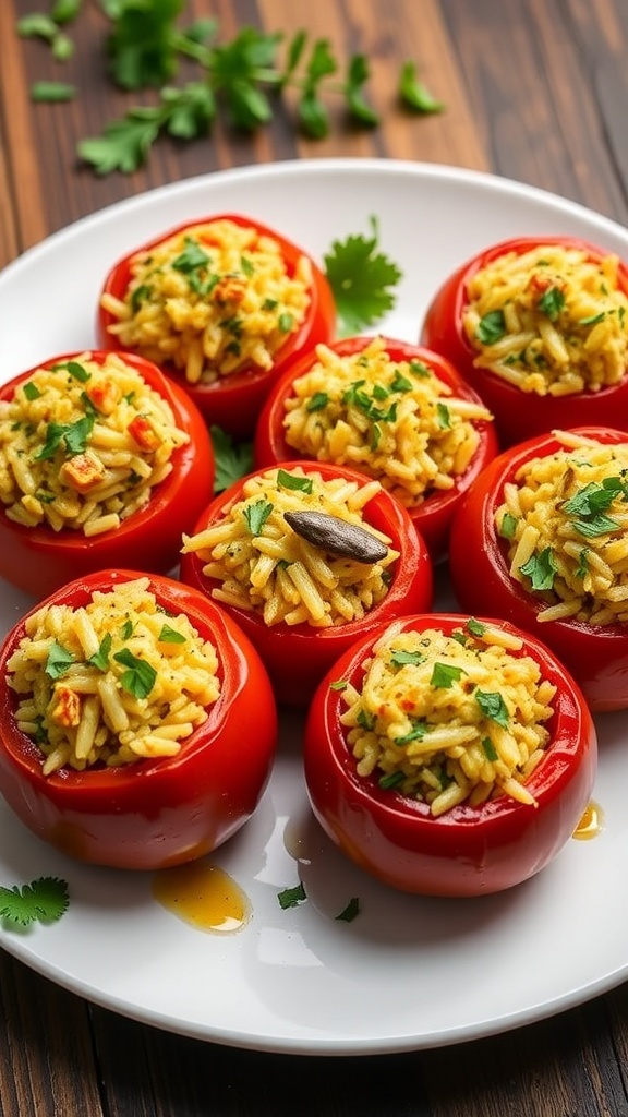 Stuffed tomatoes filled with rice and herbs, garnished with fresh herbs on a rustic plate.
